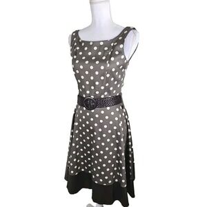 Rockabilly ~Woman Size M~ Brown/Gray/Beige Polka Dot Dress Cotton Made in ITALY